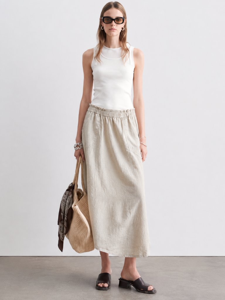 Flax By Jeanne Engelhart Linen Long Midi Skirt Beige Small